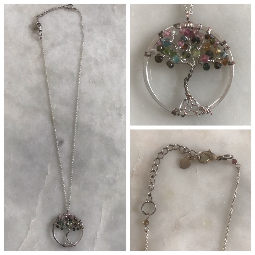 Silver Tree Pendant Necklace w/ Multicolor Beads